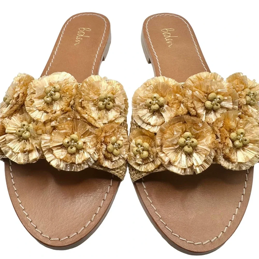 Boden | Women | Elsbeth Tan Leather Raffia Floral Slides Sandals | 37 EU 6 US